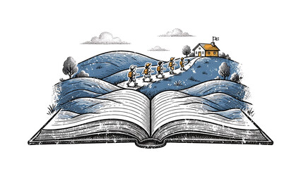 Conceptual Illustration of an Open Book with a Scenic Landscape of Rolling Hills and People Walking Toward a Home © Dezayn