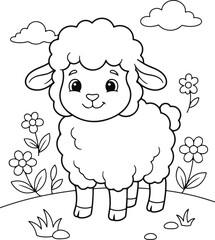 Obraz premium Cute cartoon sheep standing in a meadow with flowers and clouds