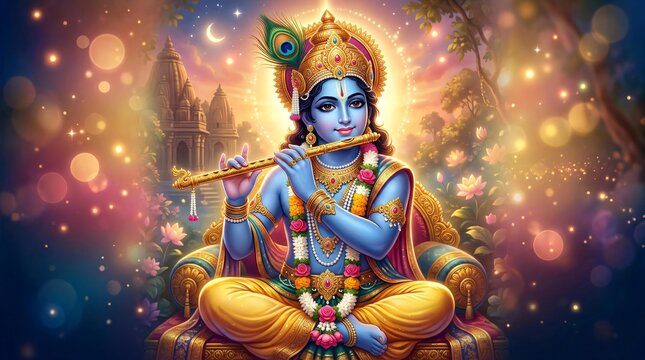 Krishna Golden Aura Semi-Realistic Divine 4K Wallpaper.