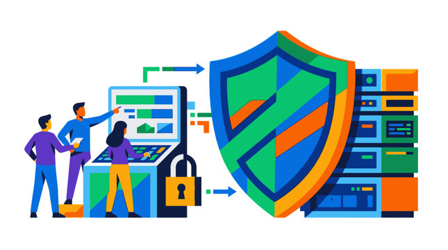 Professional team monitoring data security with shield and servers