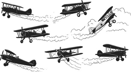 Vintage Biplane Aircraft Silhouette Vector Set with Smoke Trails – Classic Retro Airplanes Performing Aerial Acrobatics and Flying Maneuvers in Black and White © Sanowar