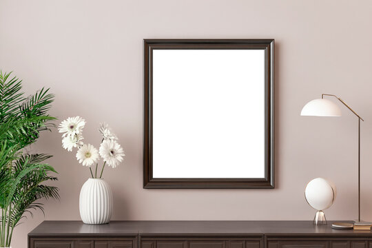 mockup of a luxury apartment interior , with empty picture   frame in middle