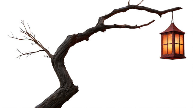 Old gnarled tree branch with a glowing vintage lantern hanging from it isolated on white background