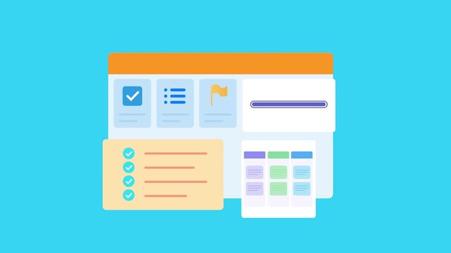 Flat vector animated task planning dashboard featuring checklist, calendar schedule, analytics, task board, and workflow interface. Ideal for business, productivity, and technology motion graphics.