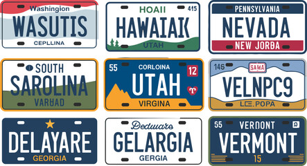 Vintage US license plate illustration set featuring colorful state inspired designs, retro typography and classic road trip style graphics perfect for travel and branding © Sanowar