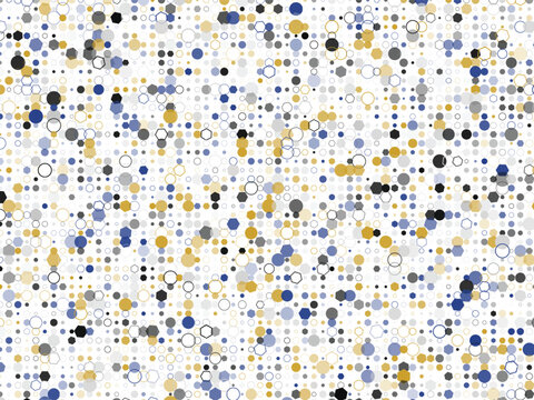 Sophisticated geometric pattern presenting a variety of blue, gold, black, and grey hexagonal shapes with small dots