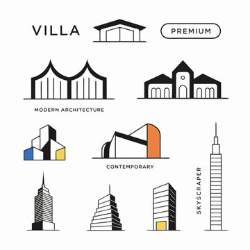 Luxury Real Estate Icons Vector Collection with Modern Buildings and Villas