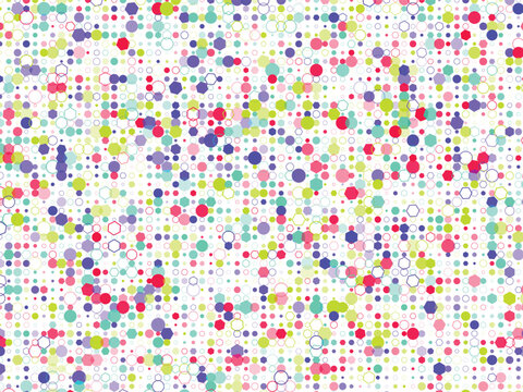 Vibrant abstract geometric pattern featuring an array of colorful small dots and hexagons creating a lively joyful texture