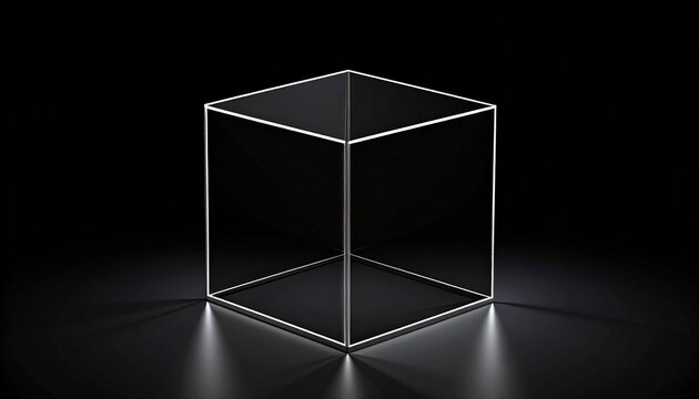 A glowing wireframe cube floating in a dark room with dramatic spotlight effects and modern design aesthetic