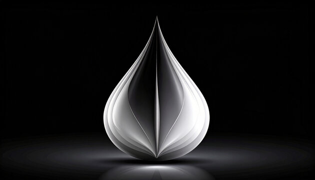 Abstract white teardrop sculpture with elegant geometric folds on black background, minimalist 3D art representation of purity and form
