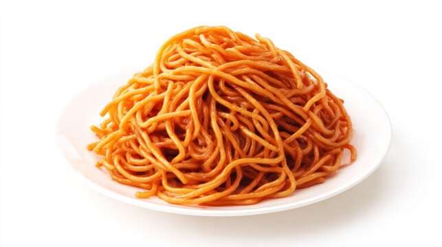 Close up of spaghetti dish on a white plate against a clean white background