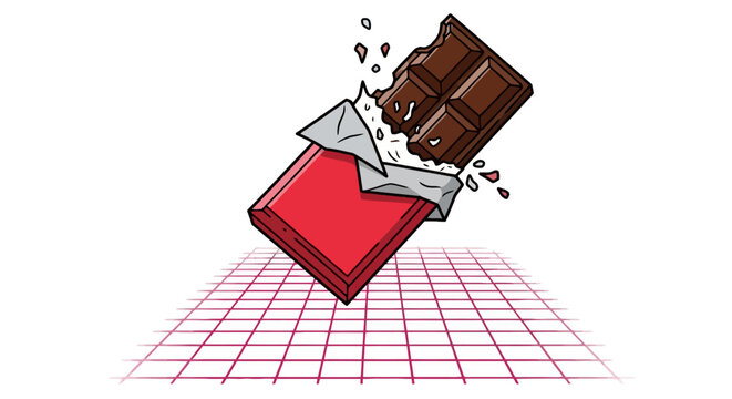 Bitten dark chocolate bar in red wrapper over grid