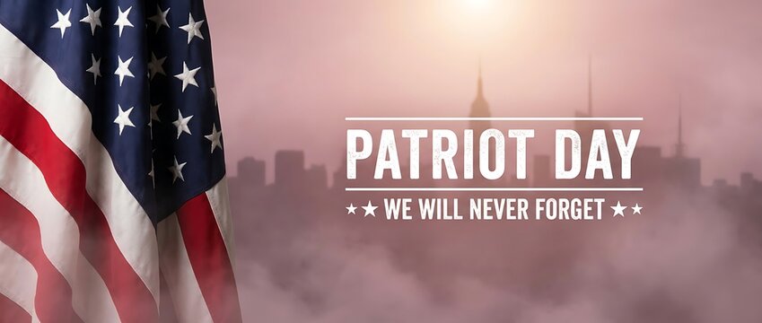 Patriot day remembrance we will never forget American flag waving city skyline background soft focus sunset light symbolic patriotic holiday memorial.