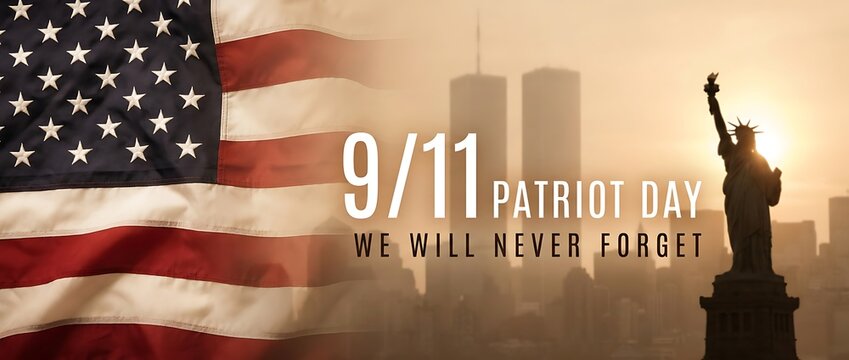 Patriot day remembrance 9 11 graphic design featuring american flag texture combined with statue of liberty silhouette and twin towers historical backdrop for solemn memorial anniversary.