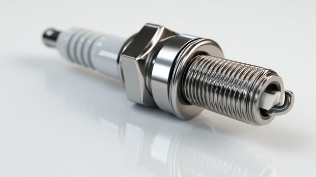 Close up of a new metallic spark plug on a reflective white surface