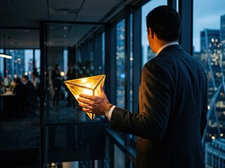 Plakat Business A businessman in a suit stands by a large window at night holding a glowing geometric lamp inside a modern office