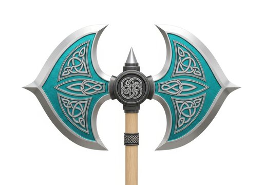 Fantasy Double-Headed Battle Axe with Celtic Knotwork and Teal Inlay Isolated on White Background