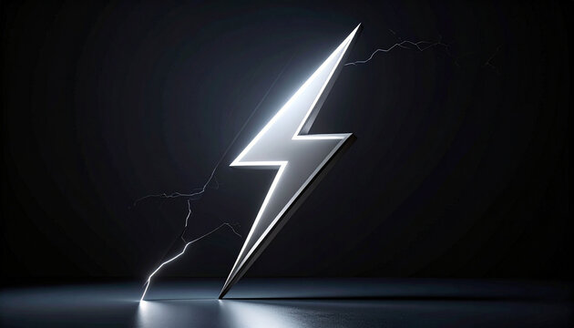 Shiny silver metallic lightning bolt symbol representing electric power energy speed and voltage on dark background 3d render