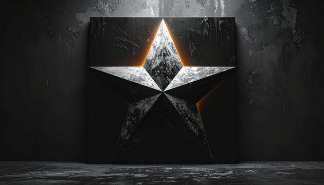 Dark Metallic 3D Star Logo Emblem with Orange Backlight Glowing on Grunge Wall Background for Modern Abstract Banner