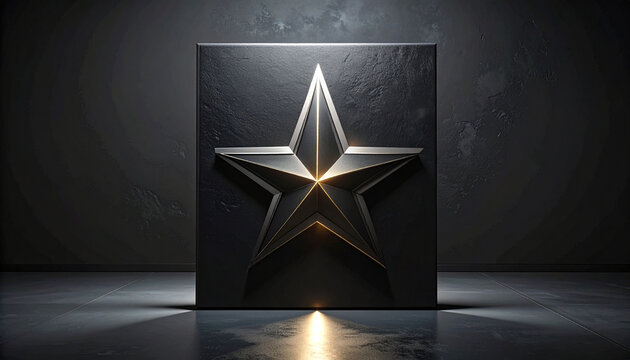 Shiny metallic star symbol embossed on a dark textured square block with dramatic lighting in a studio setting