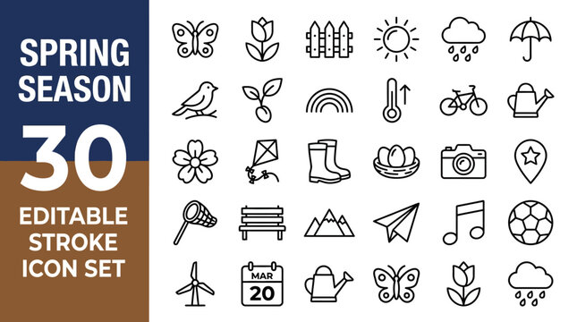 Outlined spring season icons set featuring butterfly, bird, sprouting plant, rainbow, kite, watering can, boots, bicycle, sun, cloud.