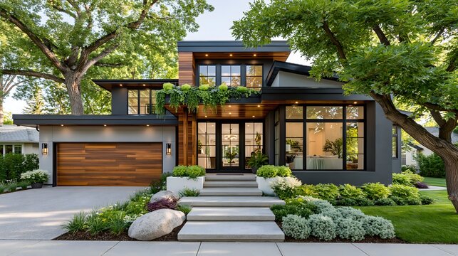 Real estate marketing concept featuring a contemporary home with attractive curb appeal and spacious front yard, clean architectural composition, premium stock photography
