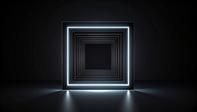 Abstract geometric tunnel with glowing neon light on a dark background, futuristic architecture concept