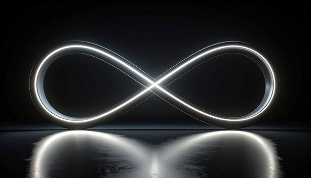 Glowing Metallic Infinity Symbol on Dark Reflective Surface Representing Eternity and Endless Loop for Abstract Digital Background Design