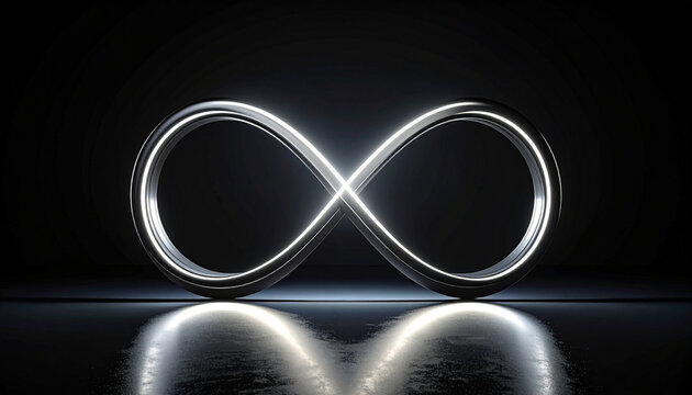 Glowing metallic infinity symbol resting on dark reflective surface 3d rendering