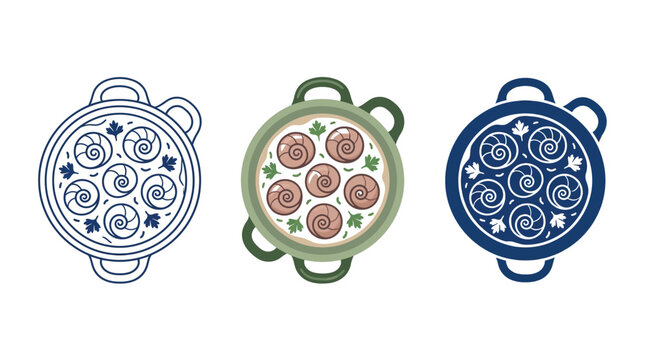 Escargot dishes presented as flat vector graphic illustrations showing culinary bowls filled with cooked snails and green parsley herb garnish