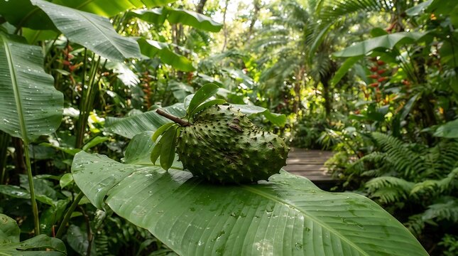 Soursop Fruit Growing on Plant in Lush Tropical Rainforest Jungle with Dense Green Foliage and Wooden Pathway