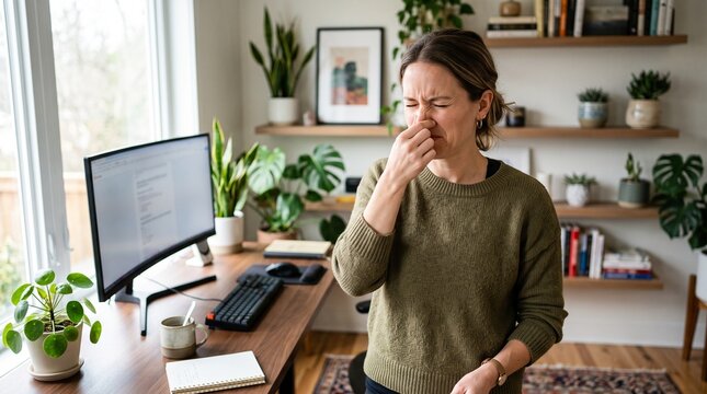 Woman Bothered by Poor Indoor Air Quality Pinching Her Nose in a Modern Workspace at Home