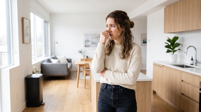 Worried Young Woman Pinching Her Nose After Noticing a Suspicious Bad Smell at Home