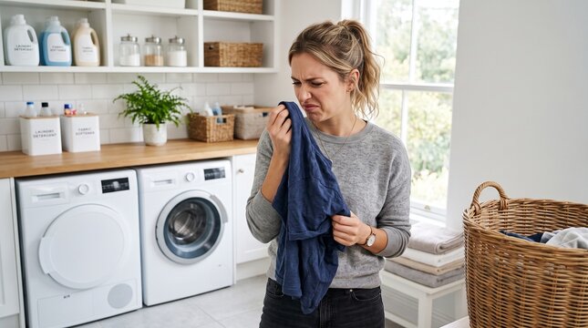 Disgusted Woman Smelling an Unpleasant Odor From a Used Shirt in a Clean Modern Laundry Room