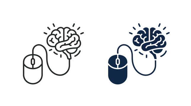 Brain connected to computer mouse vector illustration representing digital intelligence research and modern creative thinking process in flat graphic style