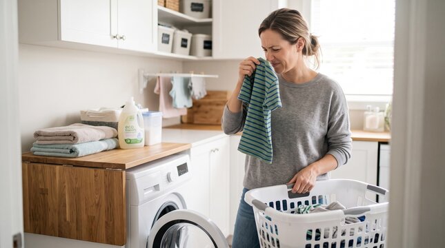 Mother Reacting to a Sour Unpleasant Smell From a Used Child Shirt Before Washing Laundry