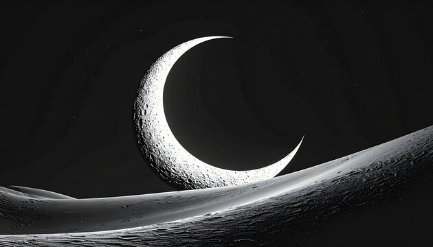 Stunning black and white digital art featuring a luminous crescent moon resting on a cosmic dune in space
