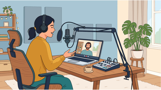 Podcast host interviewing remote guest via video call flat vector illustration, online interview studio