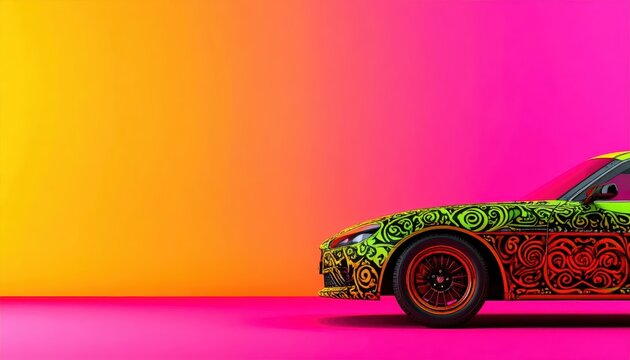 Colorful Sports Car with Intricate Patterned Wrap on Pink and Orange Gradient Background with Ample Copy Space