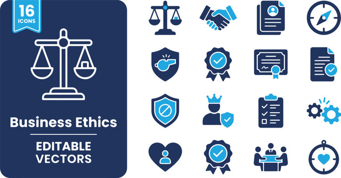 Business ethics icons set with symbols for law, compliance, integrity, and corporate governance