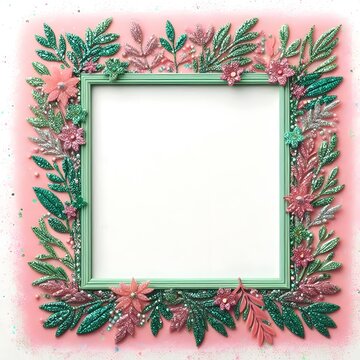 A ractangular green pinknk glitter border frame isolated on white background