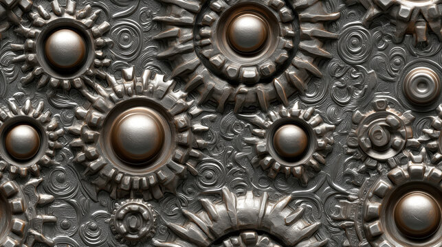 Intricate symmetrical pattern of polished steel gears and industrial cog wheels creating seamless mechanical engineering texture. metallic design is both complex and captivating