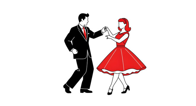 Swing dancing couple flat illustration man in suit and woman in red dress dancing on white background.