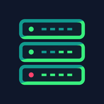 Neon green server rack icon on dark background for cloud computing digital database technology illustration