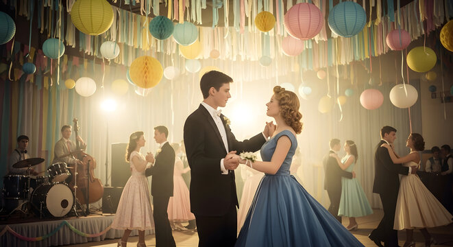 Teenagers dancing at 1950s prom night celebration with classic decorations and live band.