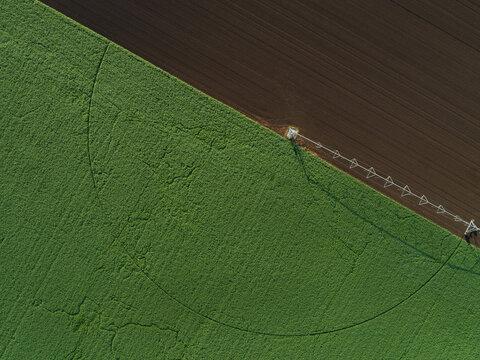 Irrigation sprinkler alongside lush green paddock with tilled land of fertile soil