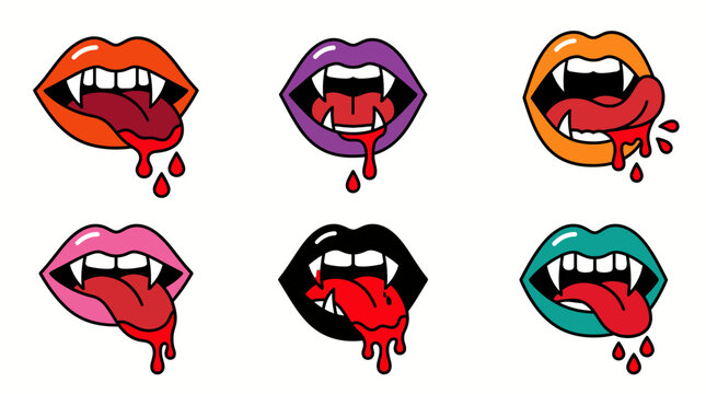 Set of colorful vampire lips with sharp fangs and dripping blood in a vibrant pop art sticker style illustration