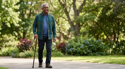 Fototapeta premium Senior African American man walking with a cane in a park. Smiling elderly male enjoying an outdoor stroll on a sunny day. Active retirement and mobility support concept