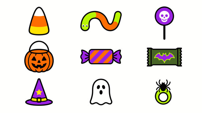Set of colorful halloween icons featuring candy pumpkin bucket ghost spider witch hat and spooky treats for holiday design