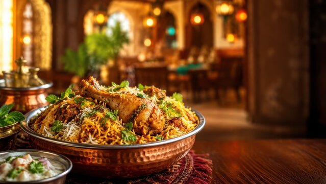 Chicken biryani served in a cozy restaurant interior